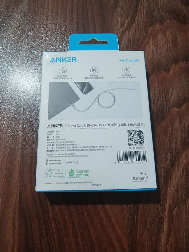 کابل تبدیل USB-C به USB-C انکر مدل Zolo A8060 طول1.5 متر 140w